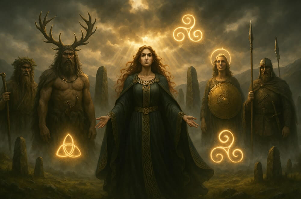 3 Celtic Gods with celtic symbols burning bright around them