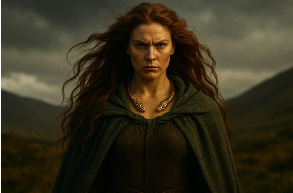 An courageous and powerful looking female goddess with a golden torc around her neck