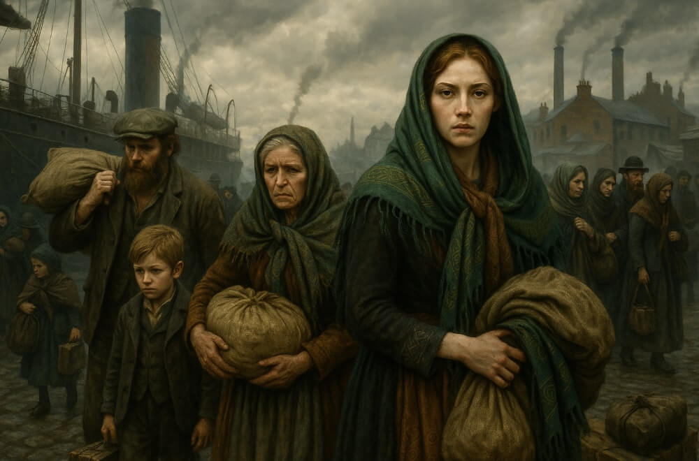 Tired and sad looking Irish immigrants arriving at a dock on Glasgow carrying bags and suitcases.