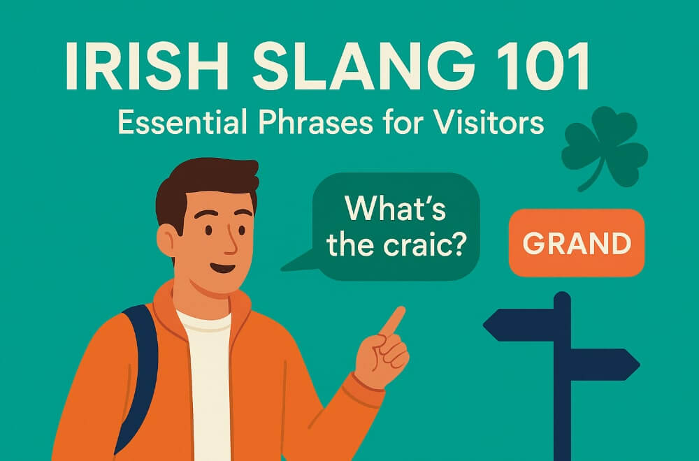 Man speaking with a chat bubble calling out Irish slang like "Whats the craic"