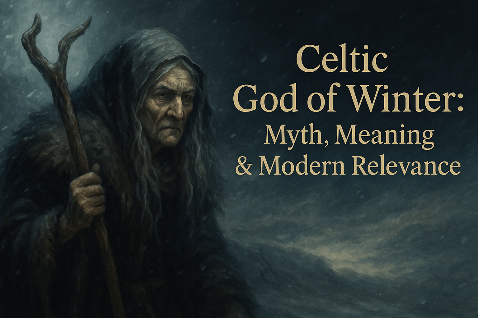 An illustration of Cailleach, the Hag of Winter from Celtic mythology. She is depicted as an elderly woman with sharp, weathered features, long gray hair, and a fur-lined cloak. She grips a gnarled wooden staff resembling antlers. Snow swirls around her in a cold, stormy landscape, evoking the harshness of winter. The title “Celtic God of Winter: Myth, Meaning & Modern Relevance” appears in gold serif font on the right side of the image.