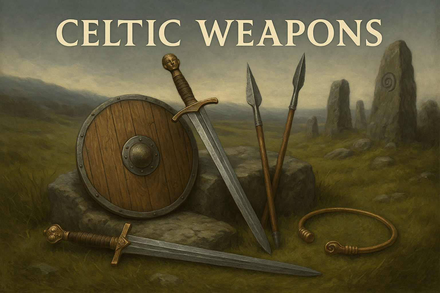 A realistic digital painting of Celtic weapons displayed on a wooden surface, including ornate iron swords, engraved spears, and decorated shields, evoking the craftsmanship and symbolism of ancient Irish and Scottish warrior culture.