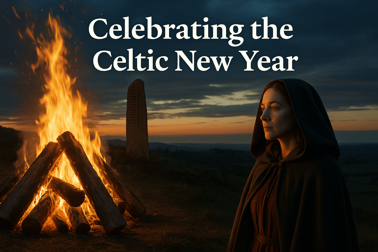A Celtic New Year celebration scene with a traditional Irish landscape, featuring stone ruins, misty hills, and a warm bonfire glow, evoking the spirit of Samhain.