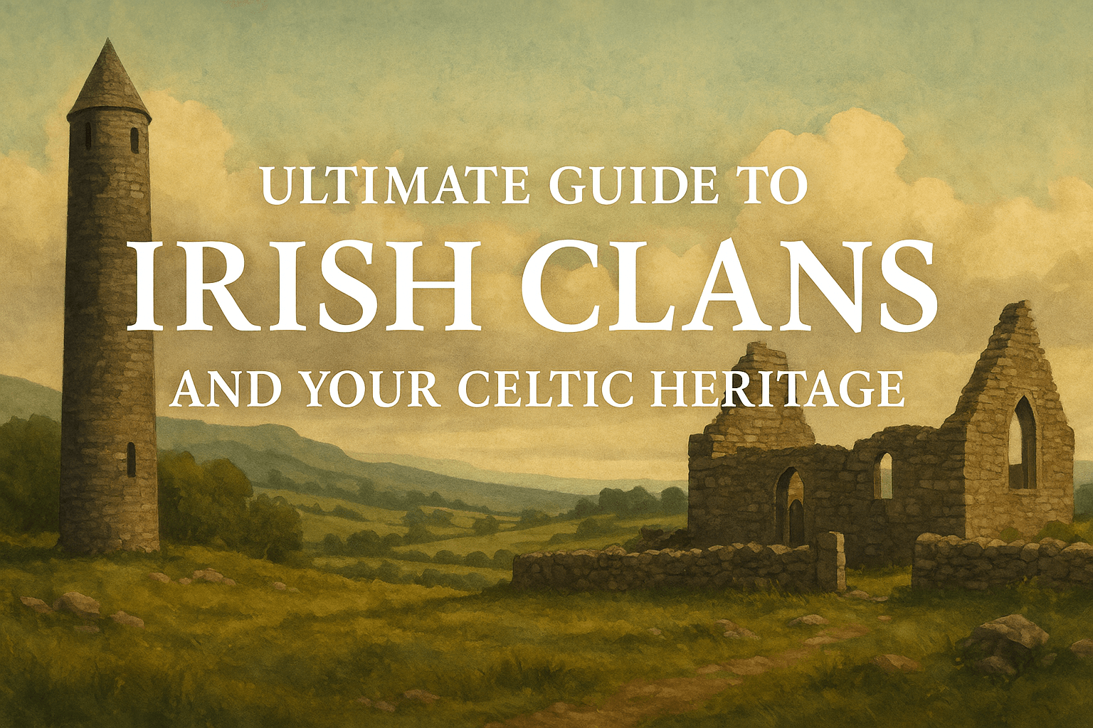 A digital illustration showing Irish clan symbols and ancient landscapes, including stone circles, Celtic knotwork, and rolling green hills, with the title “Ultimate Guide to Irish Clans and Your Celtic Heritage” overlaid.