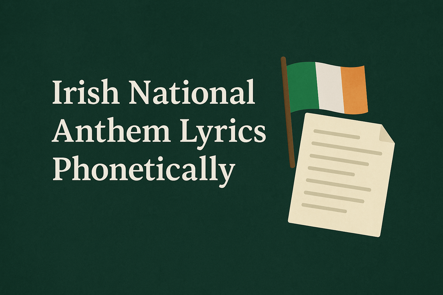A clean digital graphic with a dark green background features the title “Irish National Anthem Lyrics Phonetically” in bold white serif font on the left. On the right, a small Irish flag stands above an illustrated cream-colored sheet of paper with horizontal lines, symbolizing lyrics or notes. The design is simple, educational, and culturally themed.