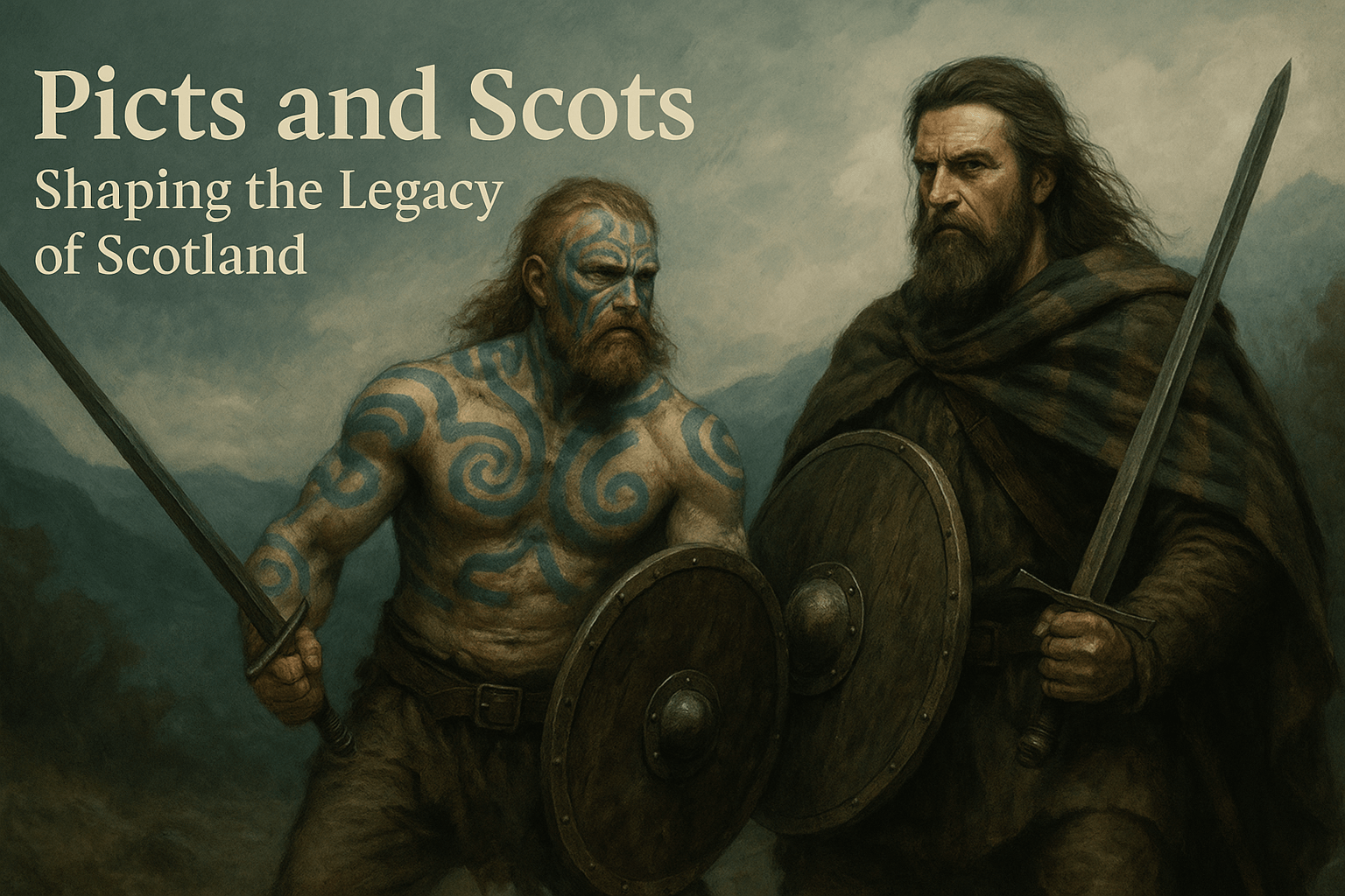 A dramatic digital painting titled “Picts and Scots: Shaping the Legacy of Scotland” features two fierce ancient warriors. On the left, a muscular Pictish fighter with long red hair and vivid blue spiral tattoos stands bare-chested, wielding a sword and wooden shield. On the right, a rugged Scottish warrior with long dark hair and a plaid cloak holds a similar sword and shield. They stand against a misty, mountainous landscape beneath a cloudy sky, evoking a sense of ancestral strength and historical tension.