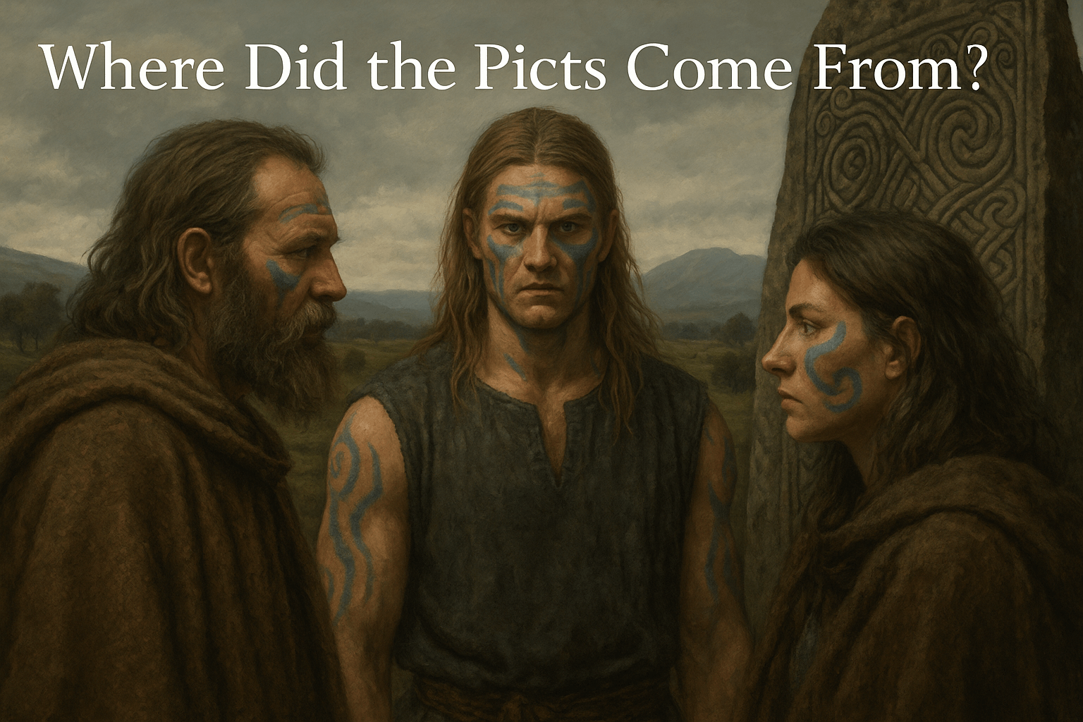 A photorealistic digital painting depicting ancient Pictish warriors standing on a misty Scottish landscape, surrounded by standing stones and symbols, with the title “Where Did the Picts Come From?” overlaid.