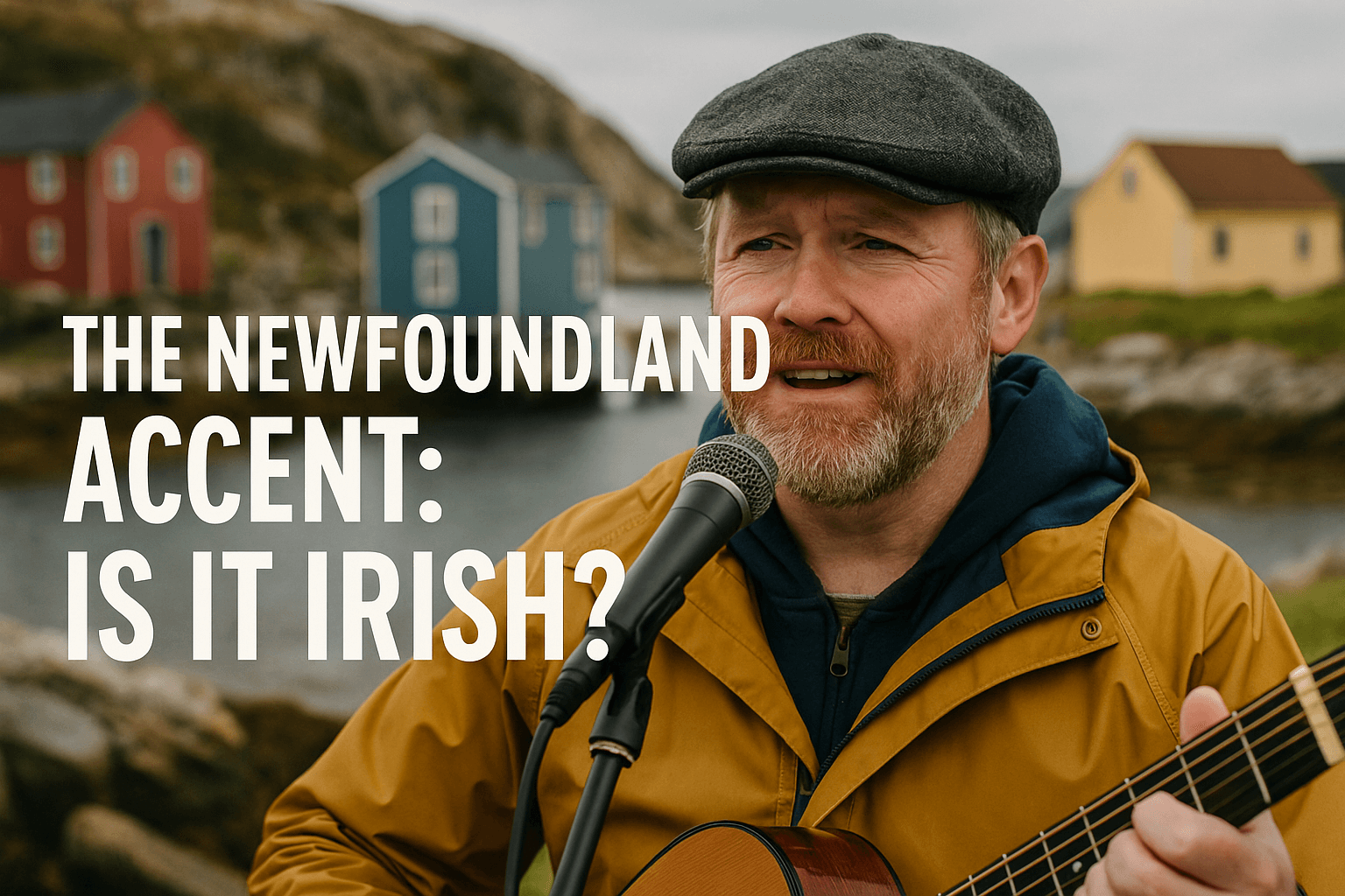 Image of a middle-aged man with a gray beard, wearing a flat cap and yellow jacket, singing into a microphone while playing an acoustic guitar. Behind him is a scenic Newfoundland coastal village with colorful saltbox houses and rocky shoreline. Bold white text reads: "THE NEWFOUNDLAND ACCENT: IS IT IRISH?"