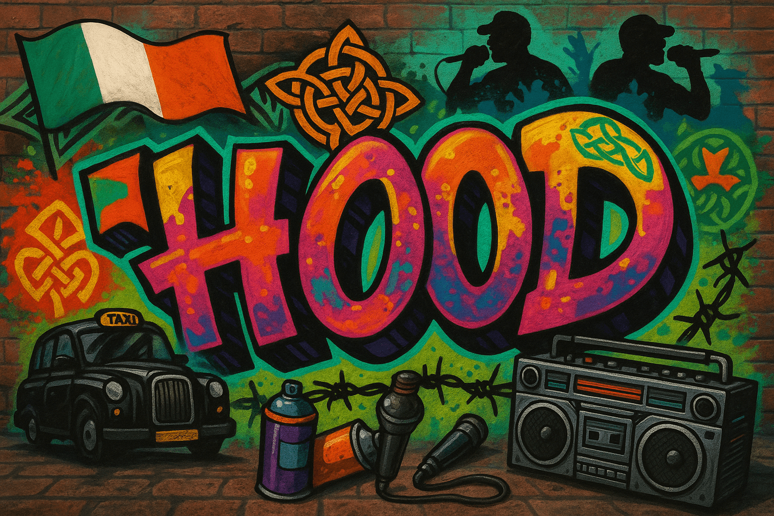 Graffiti-style mural on a brick wall with bold “HOOD” lettering, Celtic knot motifs, Irish tricolour accents, a Belfast black taxi, barbed wire, and hip hop elements like a boombox and microphone, blending Northern Irish culture with 90s hip hop aesthetics.