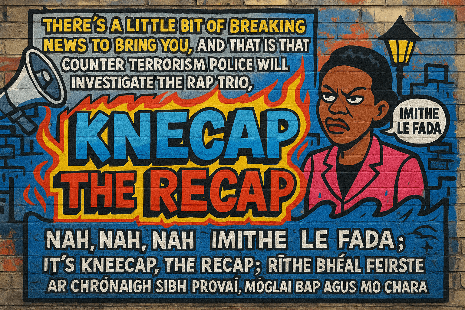 Graffiti-style mural blending 1990s New York hip-hop art with Northern Ireland political wall art, featuring bold lettering for Kneecap’s “The Recap” and urban street symbols.