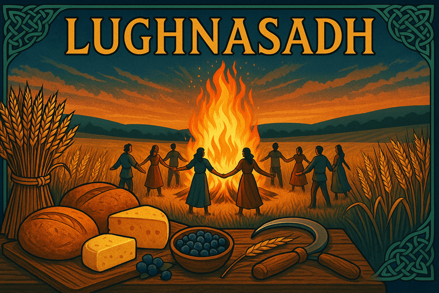 Illustration of Lughnasadh harvest festival with bold “LUGHNASADH” text, a blazing bonfire, people holding hands in a circle, golden wheat fields, bread, cheese, berries, and a sickle framed by Celtic knot designs.