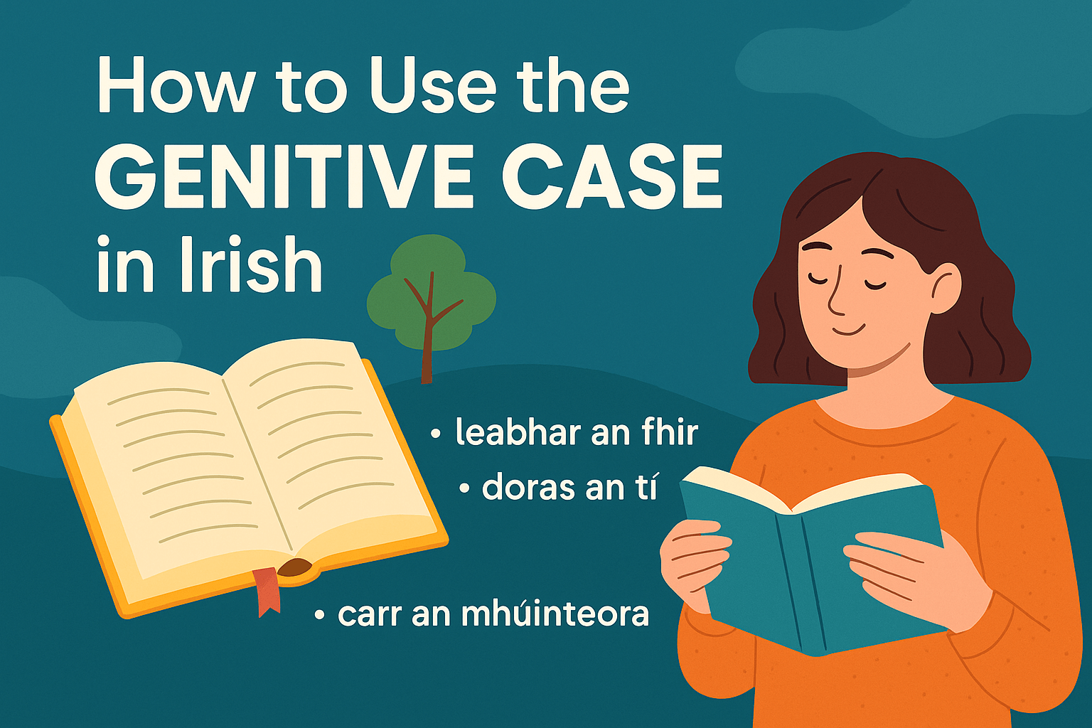 Illustration of a woman reading a book with the title “How to Use the Genitive Case in Irish” and examples like “leabhar an fhir,” “doras an tí,” and “carr an mhúinteora,” against a teal background with trees and clouds.