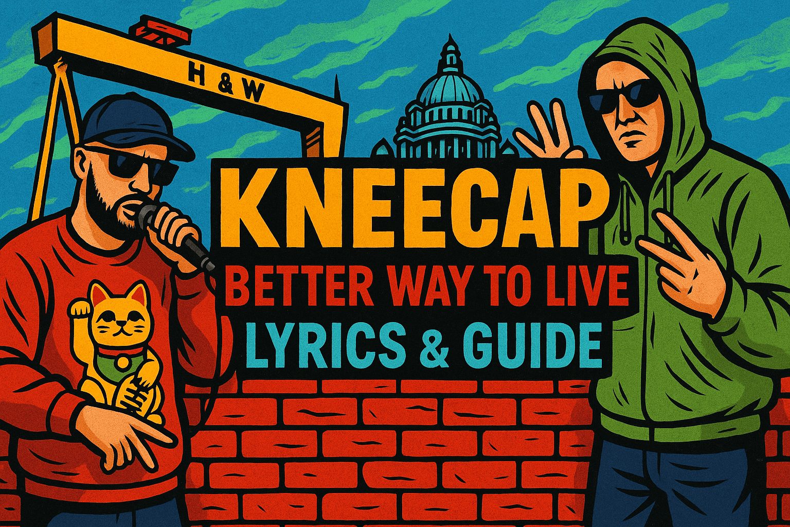 Colorful graffiti-style illustration promoting Kneecap’s song “Better Way to Live.” Features two rappers in streetwear, one holding a mic, with Belfast landmarks like the Harland & Wolff crane and City Hall in the background. Bold text reads: “KNEECAP Better Way to Live Lyrics & Guide.”