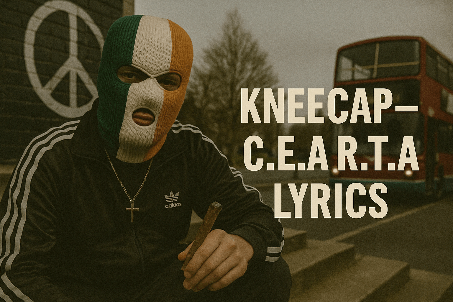 A young man in a 1990s hip-hop inspired scene sits on concrete steps wearing a balaclava with the Irish tricolour. He’s dressed in a black Adidas tracksuit with a gold cross necklace, holding a blunt. Behind him is a Belfast peace mural with a white peace symbol and a red double-decker bus. Bold beige text reads “KNEECAP – C.E.A.R.T.A Lyrics,” reinforcing the rebellious Northern Irish hip-hop aesthetic.