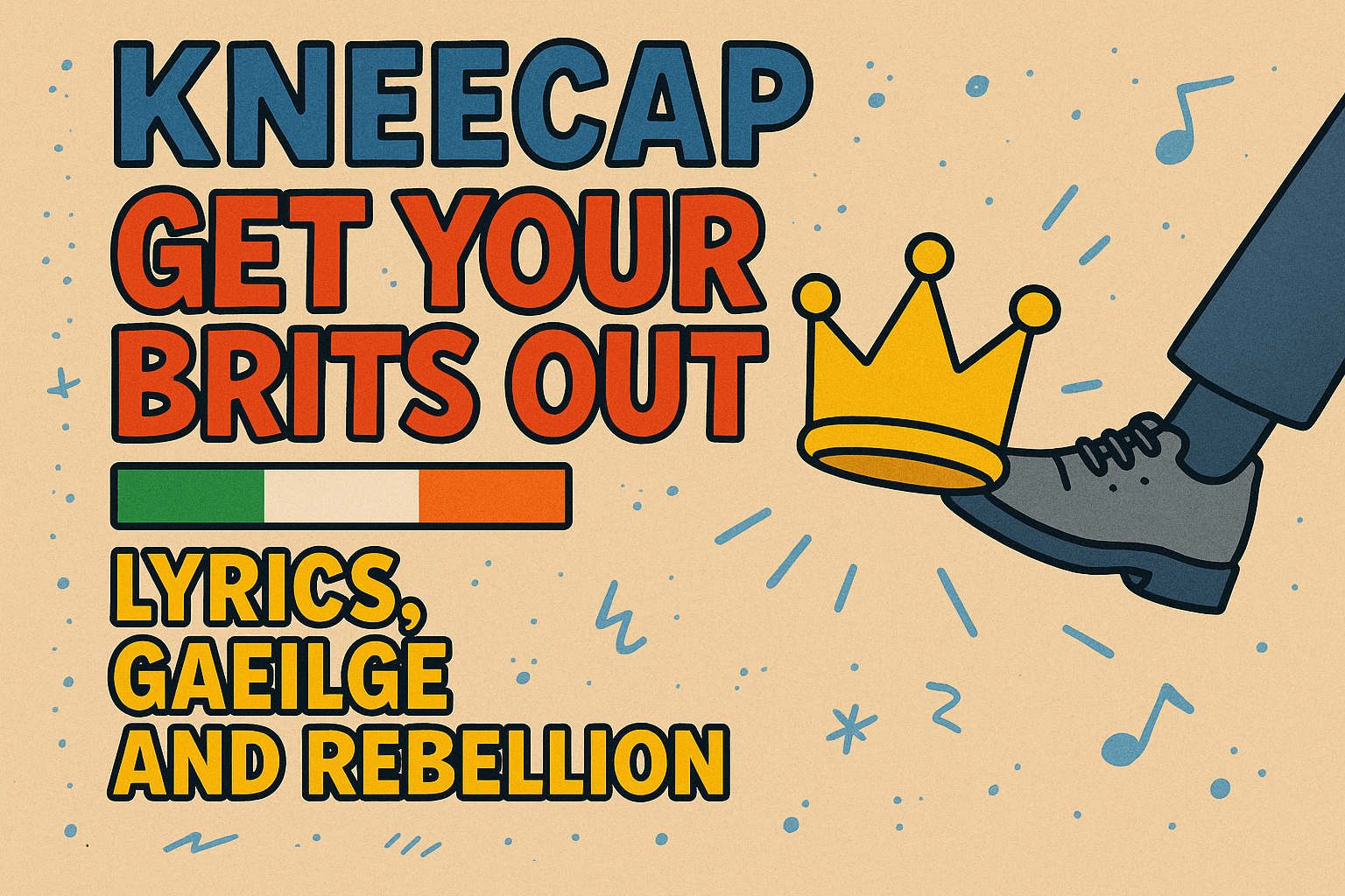 A bold, cartoon-style poster on a beige textured background promoting Kneecap’s “Get Your Brits Out”. Large blue and red block lettering shows the title above a small Irish tricolour bar. Below, yellow text reads “Lyrics, Gaeilge and Rebellion”. On the right, a cartoon crown is being kicked by a grey shoe. Blue doodles of music notes and marks surround the composition.