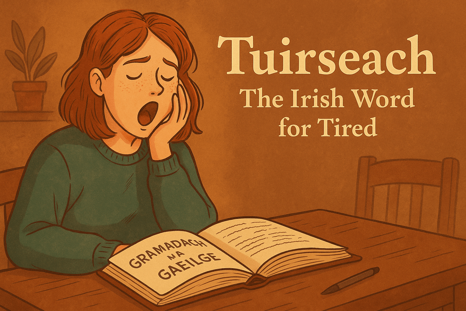 A cozy digital illustration of a tired student sitting at a wooden desk with an open Irish grammar book, a steaming cup of tea, and soft warm lighting. The text “Tuirseach: The Irish Word for Tired” appears above in elegant Irish-style typography.