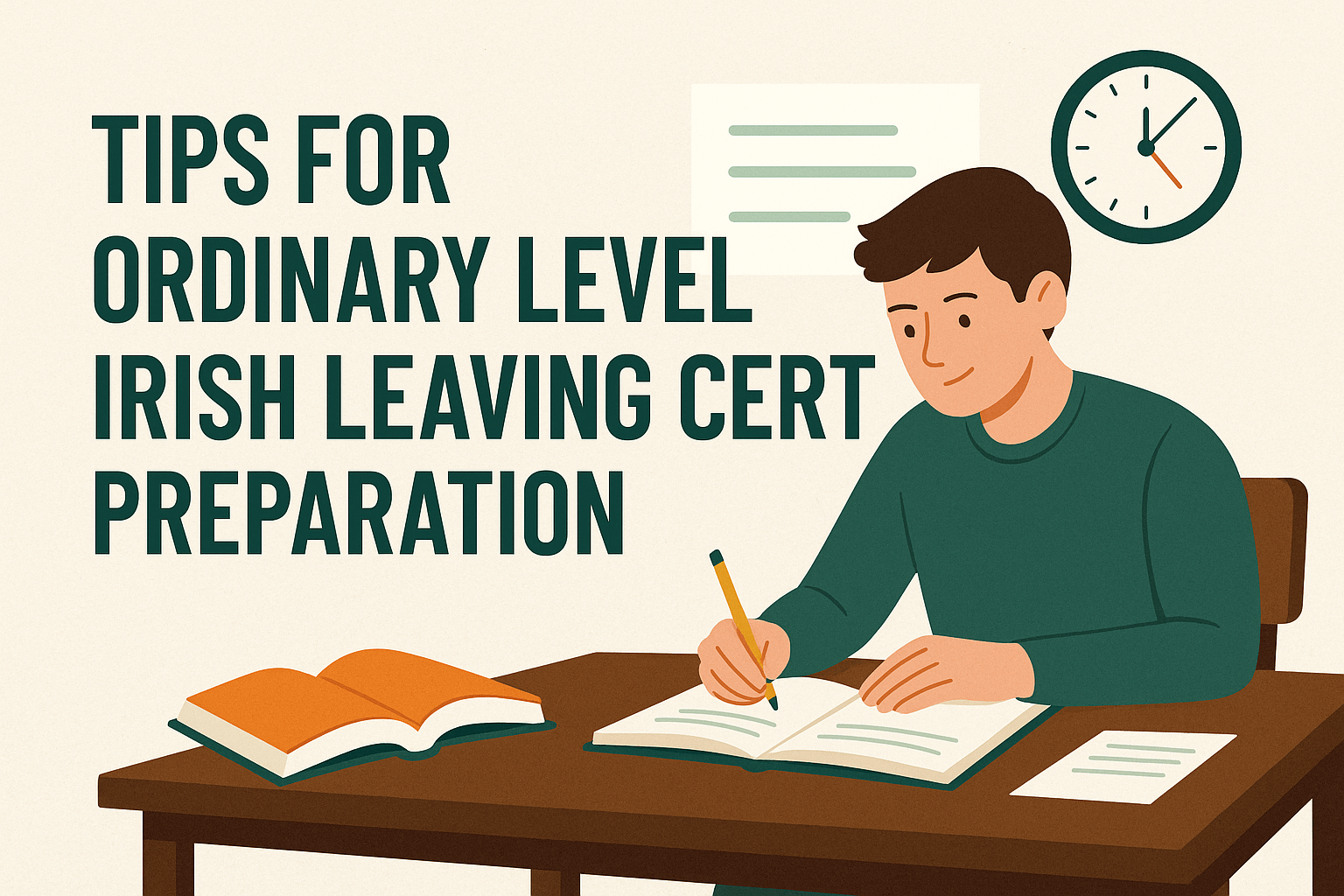 Illustrated banner showing a student studying at a desk with open books and a clock on the wall, beside bold title text reading “Tips for Ordinary Level Irish Leaving Cert Preparation” in green.