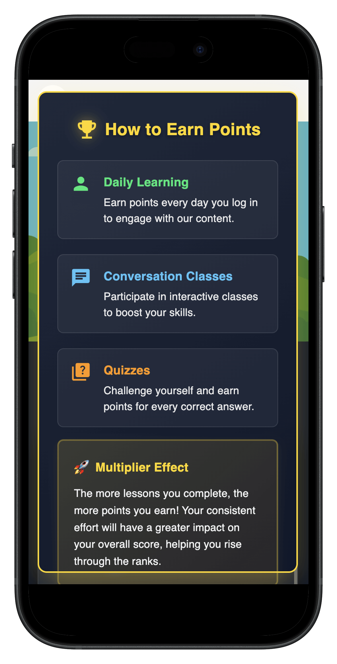 An informational screen in the app explaining how users earn points through daily learning, quizzes, and conversation classes to rise through the ranks.
