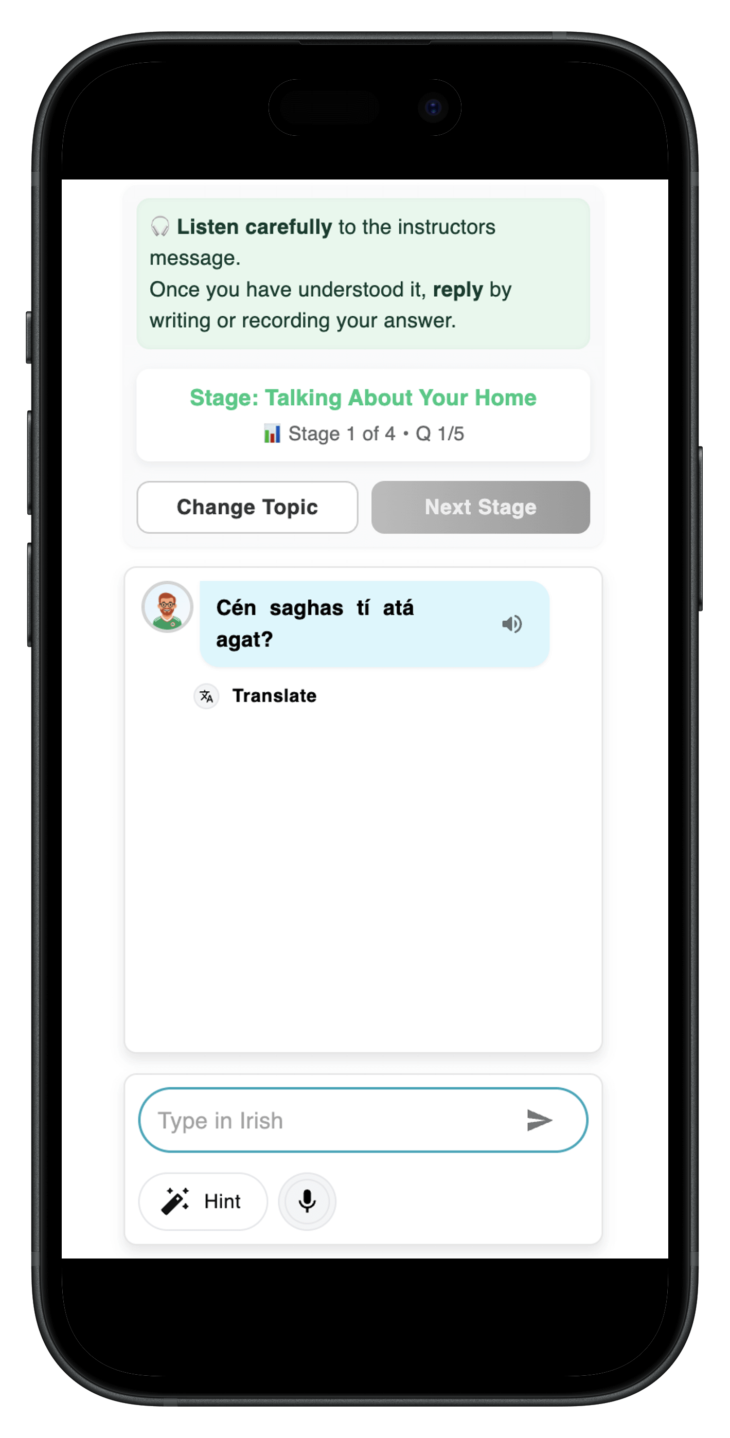 A smartphone screen showing the Gaeilgeoir AI chat interface where an AI tutor asks a question in Irish about the user's home, featuring "Translate," "Hint," and "Voice Recording" options.