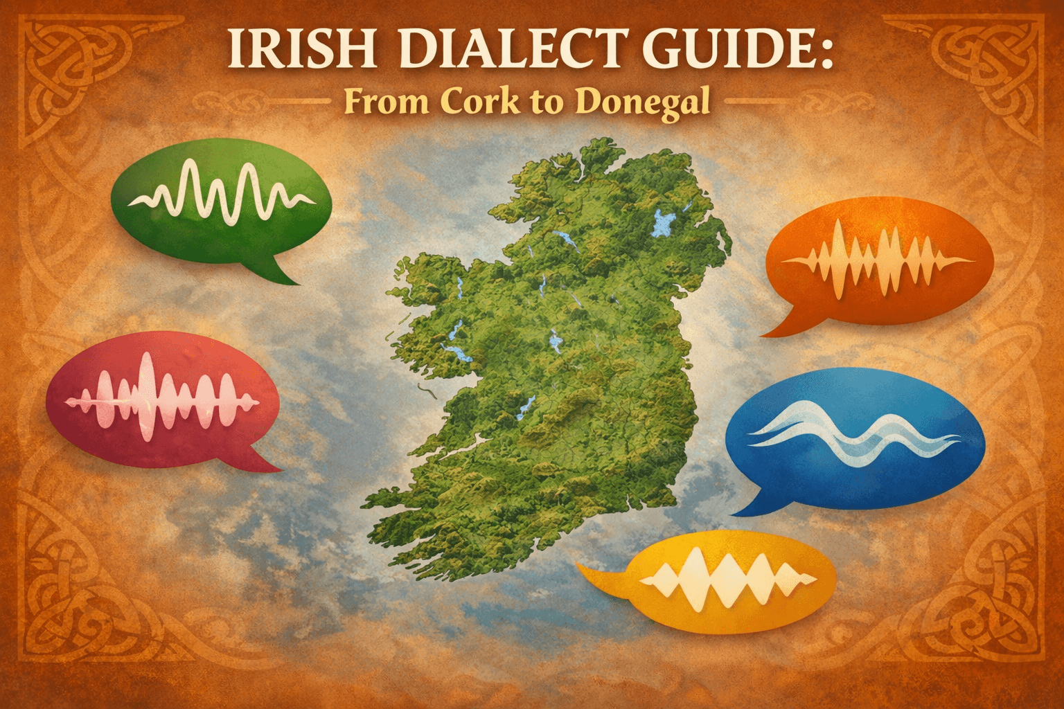 A detailed, photo-realistic map of Ireland set against a warm orange background with subtle Celtic knot designs. Five colorful speech bubbles—green, red, orange, blue, and yellow—float around the map, each containing unique abstract sound wave patterns to represent different Irish dialects. The title “Irish Dialect Guide: From Cork to Donegal” is displayed prominently at the top in bold white and gold text.