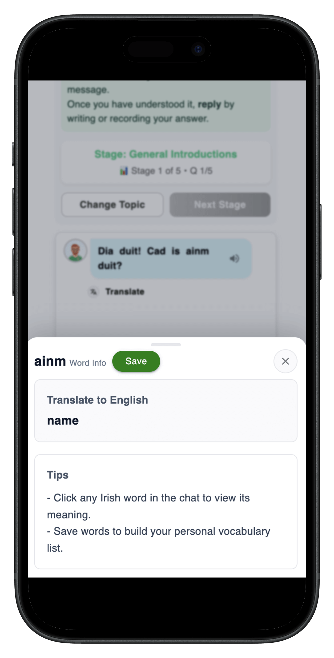 The "My Vocabulary" interface showing a collection of saved Irish words like "ainm" and "tí" with audio icons, allowing users to manage and review the specific words they've saved during lessons.