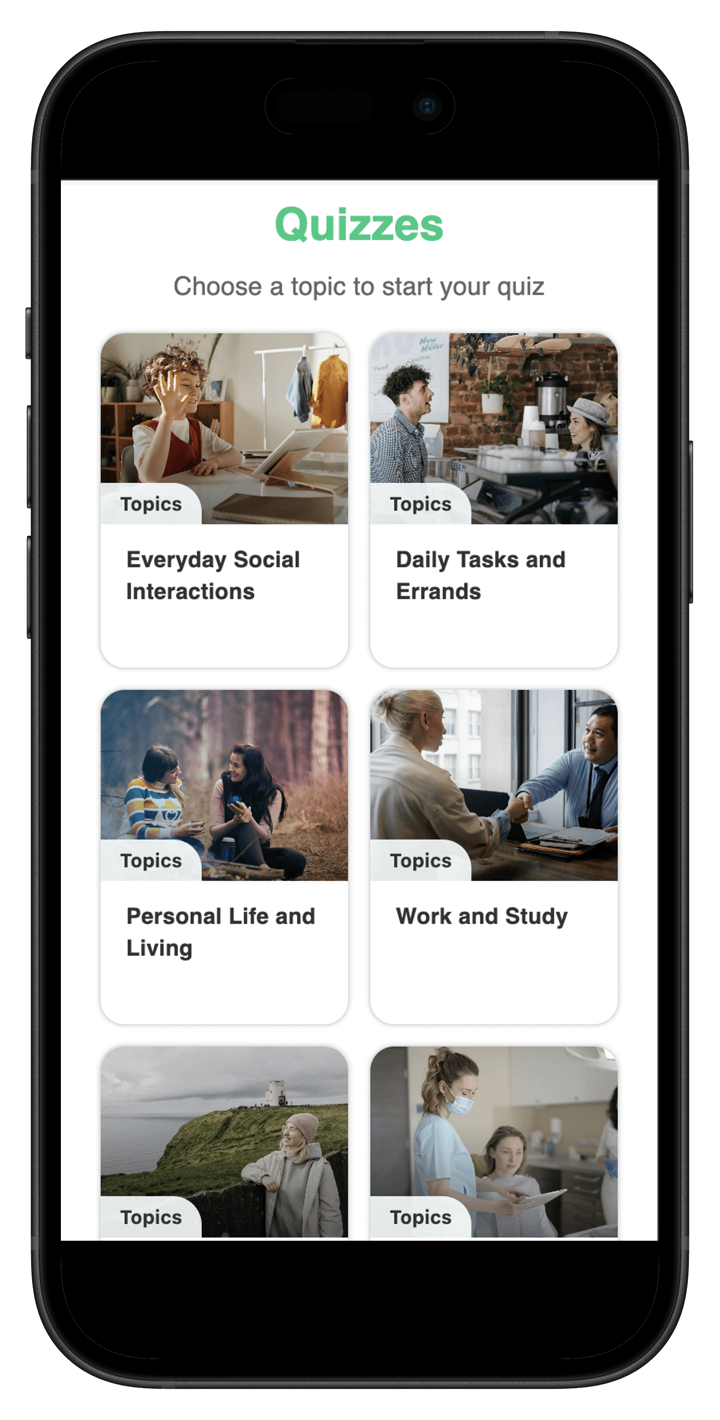 The Gaeilgeoir AI quiz menu featuring different learning categories such as "Everyday Social Interactions," "Work and Study," and "Daily Tasks."