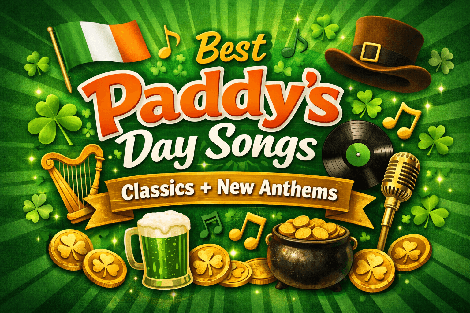 Best Paddy’s Day songs graphic featuring Irish classics and new anthems with shamrocks, Irish flag, beer, harp, vinyl record, and microphone.