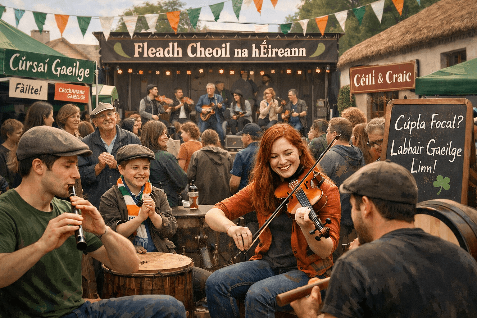 Wide, lively scene at Fleadh Cheoil na hÉireann with traditional Irish musicians playing tin whistle, fiddle and bodhrán in the foreground while a smiling crowd watches and claps; Irish tricolour bunting hangs overhead and Gaeilge-themed signs (language lessons, “Céilí & Craic,” and “Labair Gaeilge Linn”) frame the festival stage in the background.