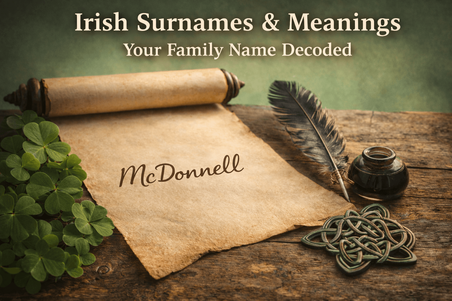 A photorealistic scene featuring an aged parchment scroll laid open on a rustic wooden table. The name "McDonnell" is written in elegant cursive across the parchment. Surrounding the scroll are fresh green shamrocks, an antique quill resting in a black inkwell, and a decorative Celtic knot, all set against a soft green, nature-inspired background. The image evokes Irish heritage and historical depth.