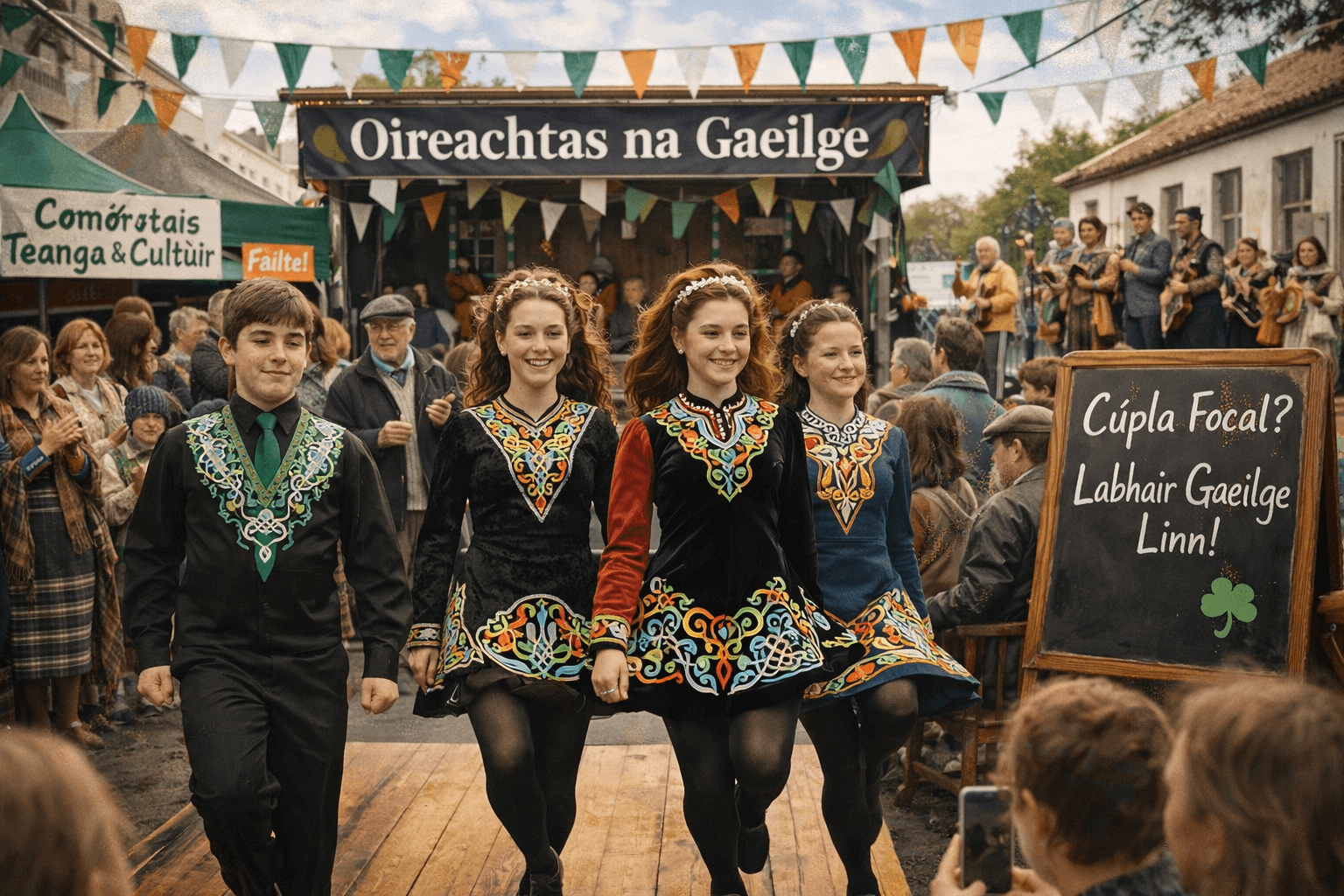 Wide, festive scene at Oireachtas na Gaeilge with four young Irish dancers stepping in sync on a wooden stage, wearing ornate embroidered costumes and black tights, as a cheering crowd watches; tricolour bunting hangs overhead, a banner reading “Oireachtas na Gaeilge” frames the background stage with musicians, and a chalkboard invites visitors to “Labair Gaeilge Linn” (speak Irish with us).