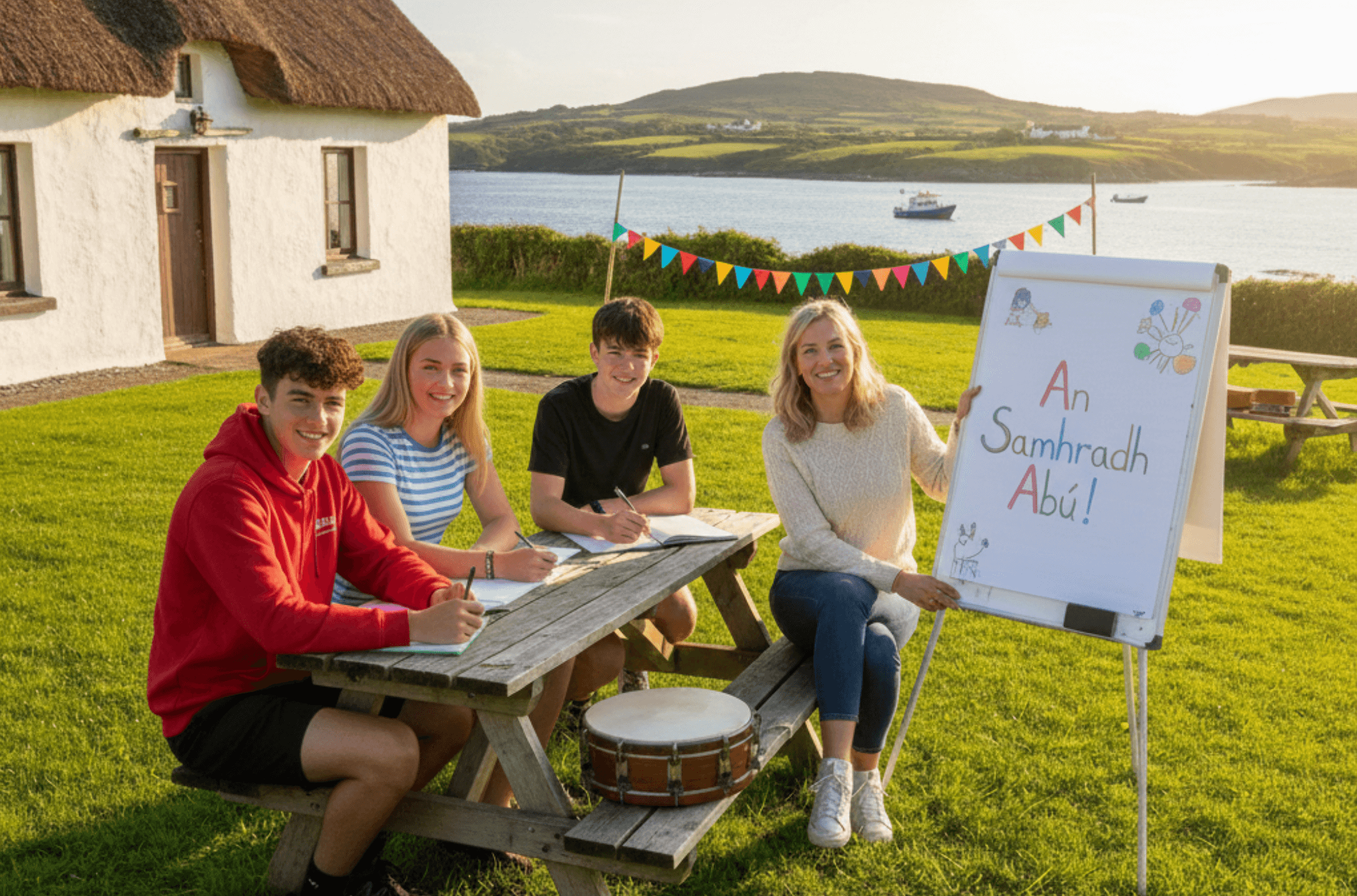 A bright, sunny outdoor scene in the Irish Gaeltacht featuring a group of students and a teacher at a wooden picnic table. To the left, a teenage boy in a red hoodie and a teenage girl in a blue-and-white striped shirt are writing in notebooks, replacing the previous similar-looking students. A third teenage boy in a black T-shirt sits next to them, also writing. A female teacher sits at the end of the table, smiling and holding a white flipchart that says "An Samhradh Abú!" in colorful markers.