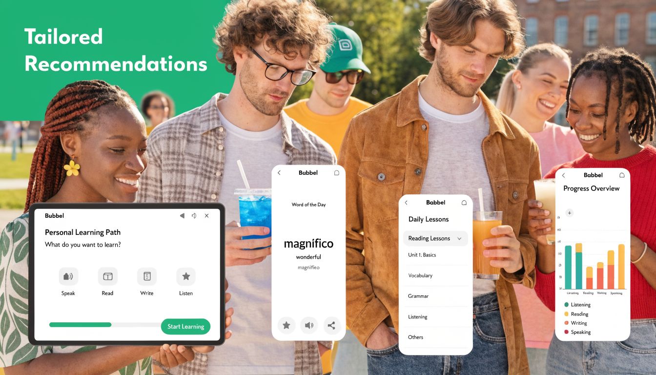 People using the Babbel app on mobile devices and tablets for personalized language learning lessons and progress.