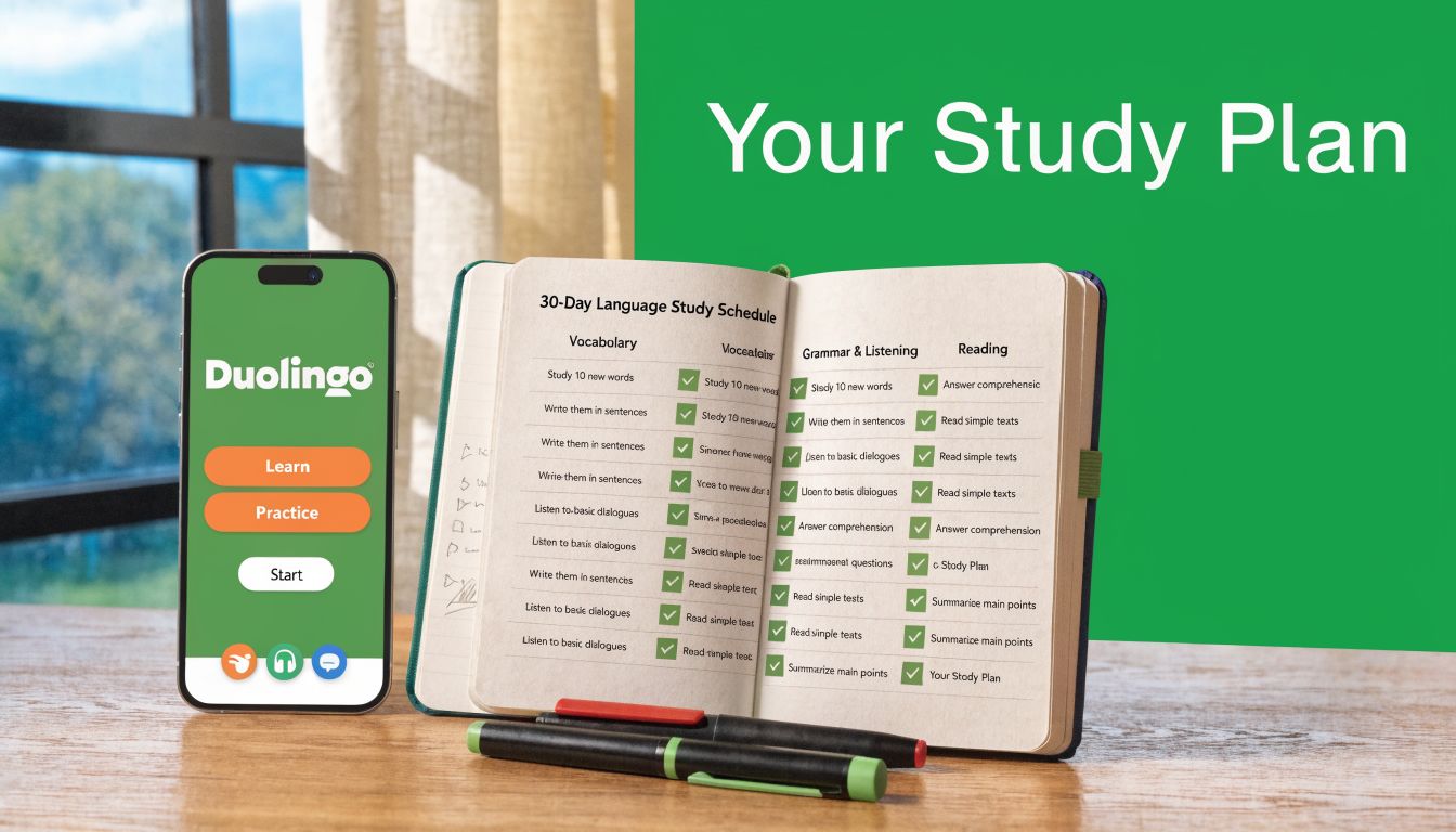 A smartphone showing the Duolingo app next to a 30-day language study schedule written in a notebook.