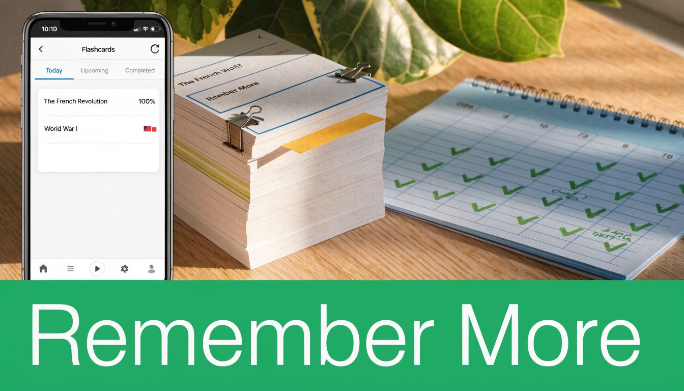 A smartphone app displaying flashcards next to a stack of paper and a calendar with checkmarks.