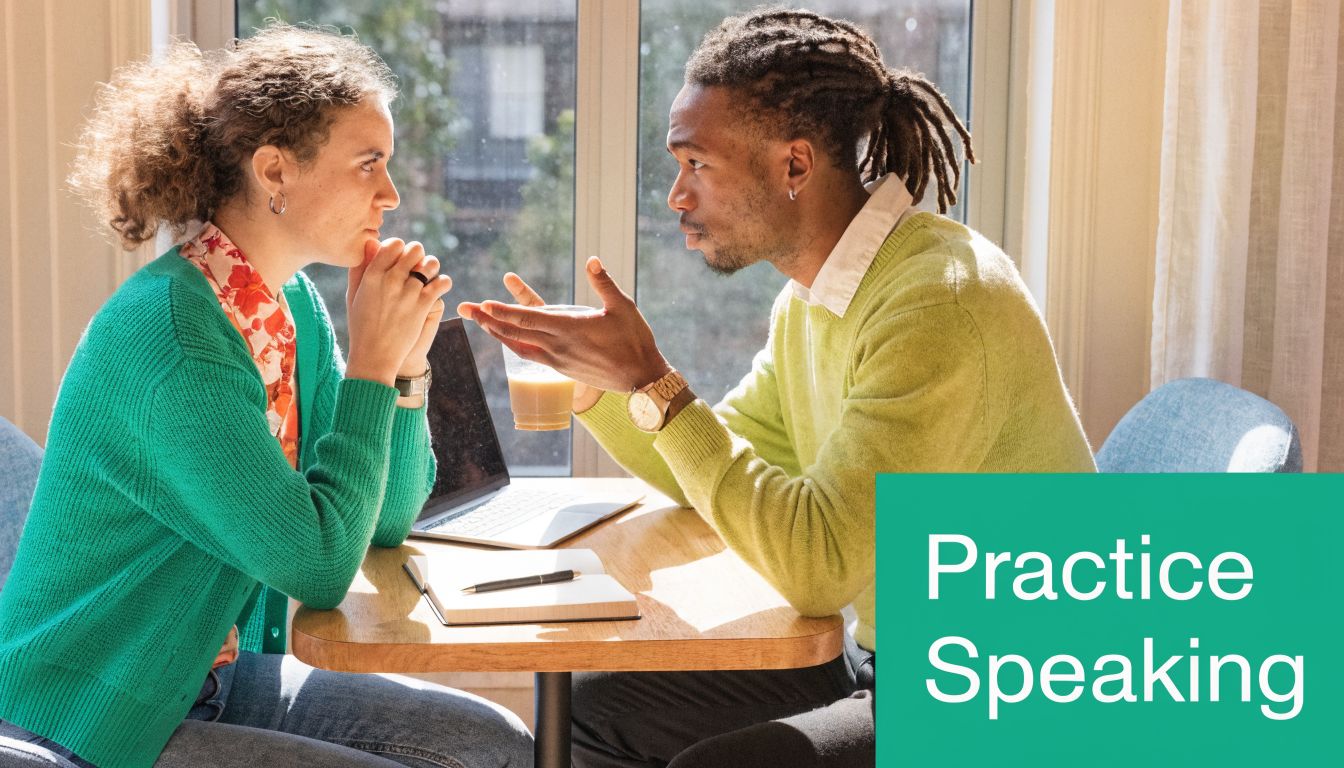 A man and a woman sitting at a table having a deep conversation while practicing language skills.