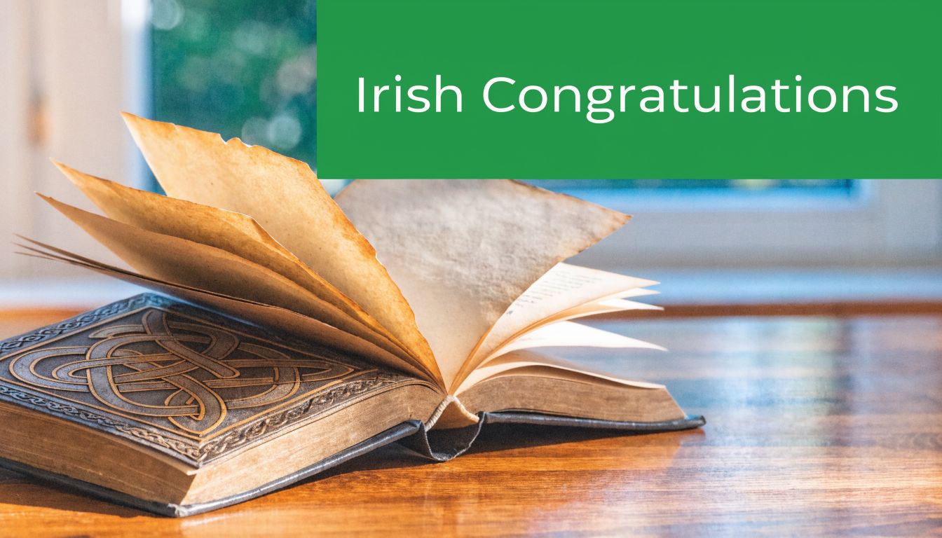 A rustic, antique book with intricate Celtic patterns resting open on a polished wooden desk surface.