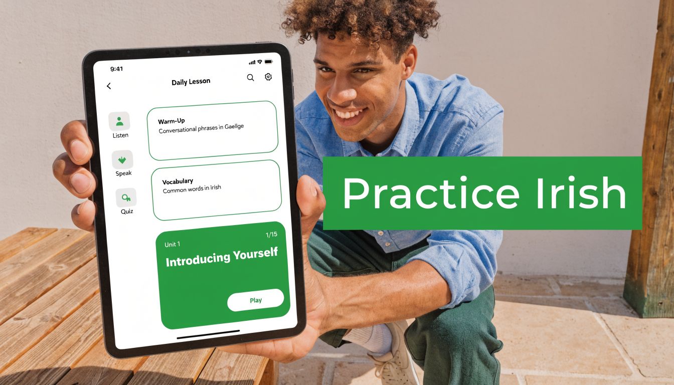 A young man holds a tablet displaying a language learning app for practicing the Irish language outdoors.