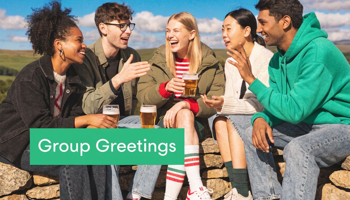 A diverse group of friends smiling and laughing while enjoying drinks together outdoors in the sunshine.