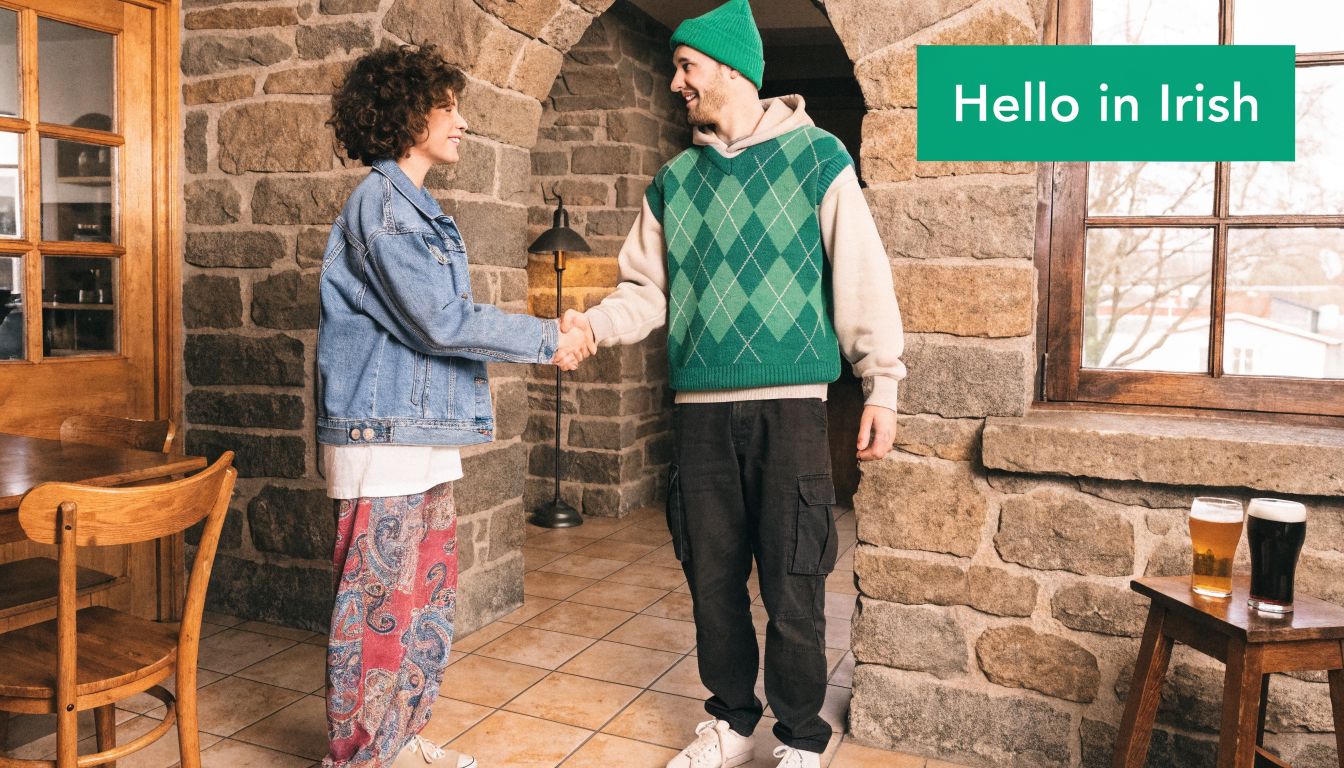 A young man and woman shaking hands in a cozy stone pub setting.