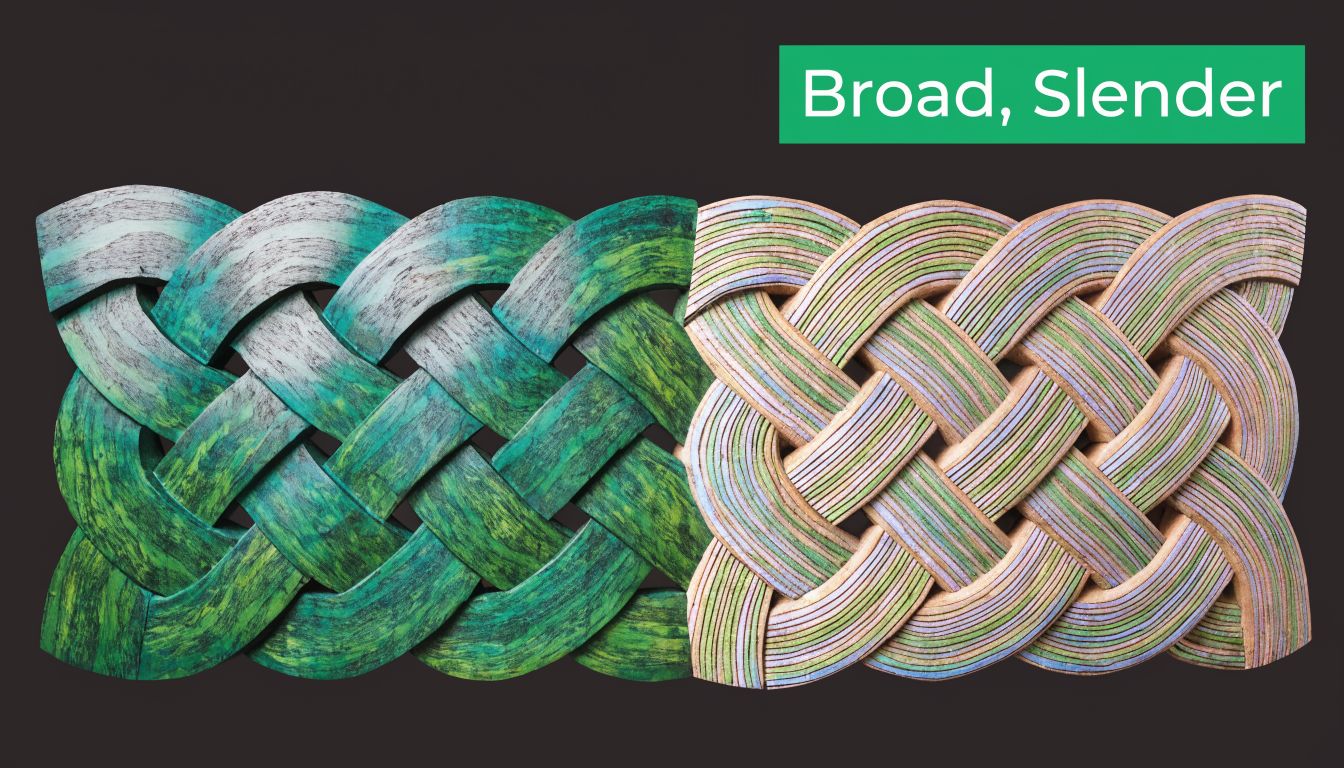 A dual-style celtic knotwork panel featuring a solid green texture on the left and layered wood on the right.