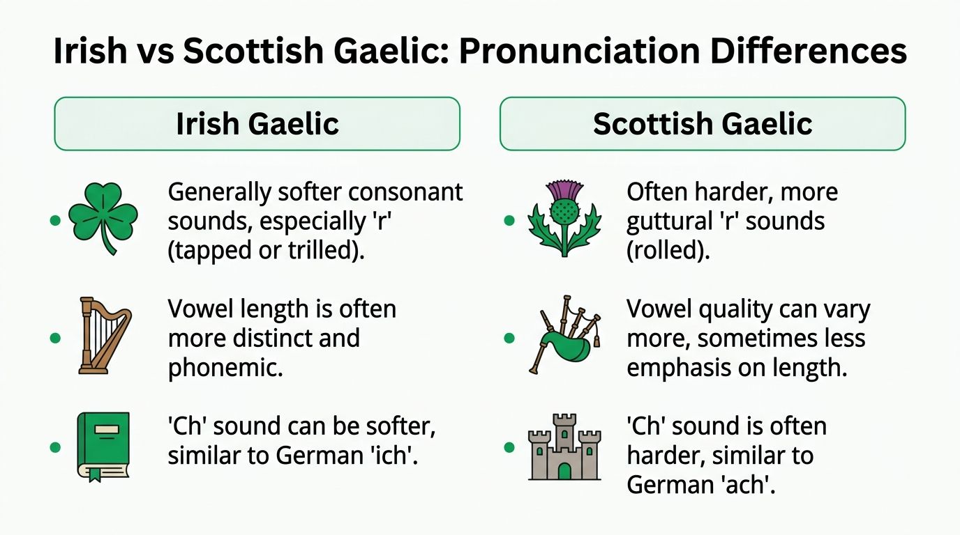 A comparison chart showing pronunciation differences between Irish Gaelic and Scottish Gaelic, including consonant and vowel variations.