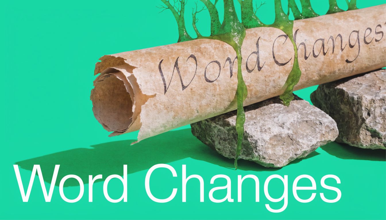 A parchment scroll with the text Word Changes resting on rocks with green slime dripping down.