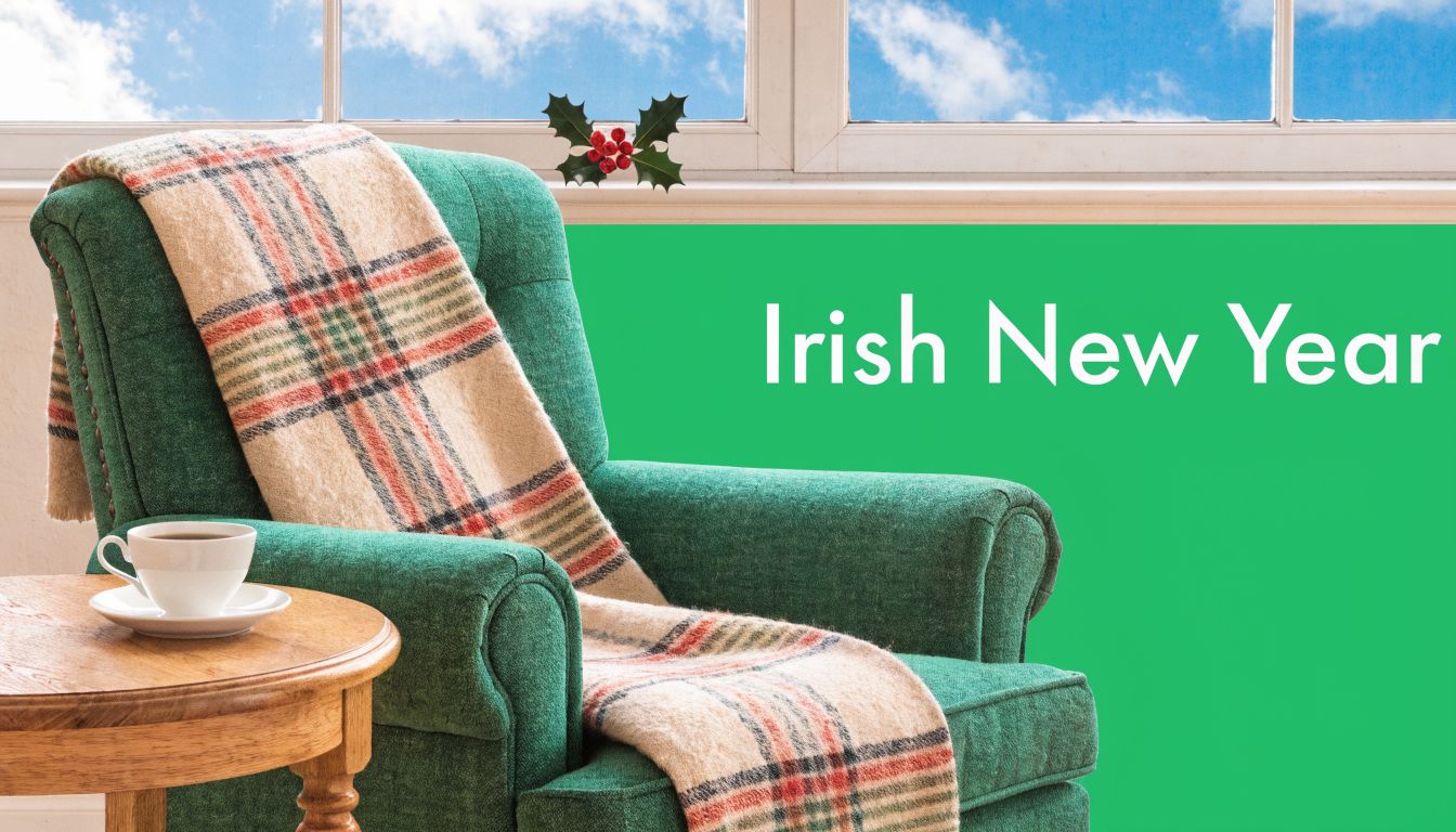 A cozy green armchair with a plaid blanket next to a wooden table with a tea cup.