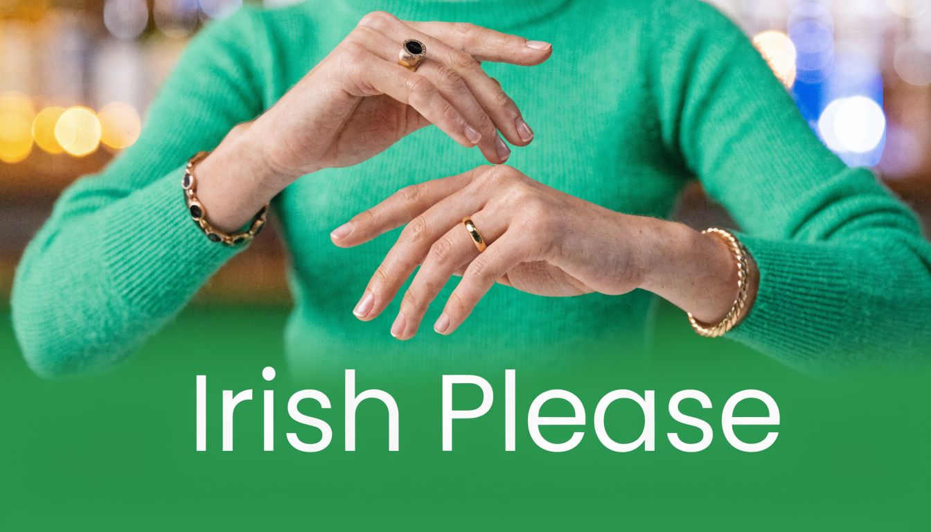 A person wearing a green sweater and jewelry with the text Irish Please displayed below them.