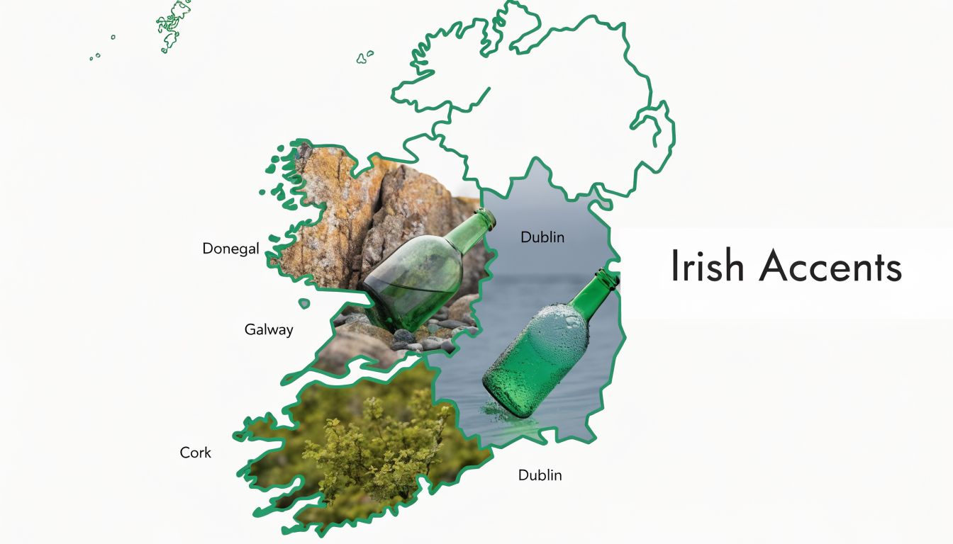 A map of Ireland showing different regional accents with bottles of water illustrating Irish speech patterns.