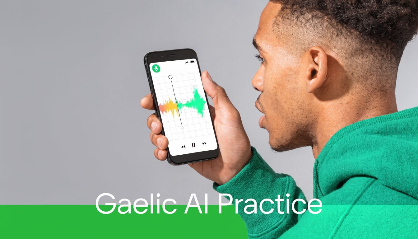 A person using a smartphone to practice speaking Gaelic with an interactive AI language learning application.