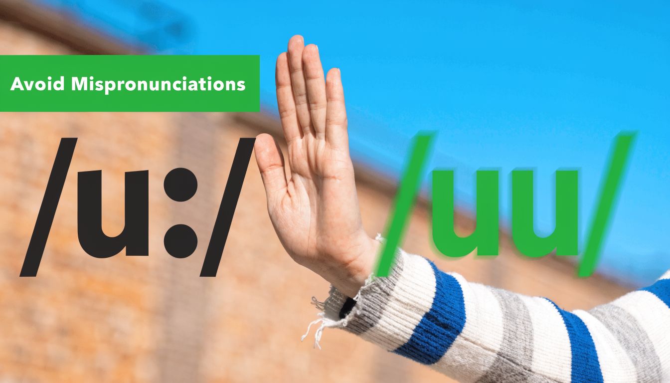 A hand gesture signaling to stop, contrasting phonetic IPA notation with incorrect letter spelling for pronunciation.