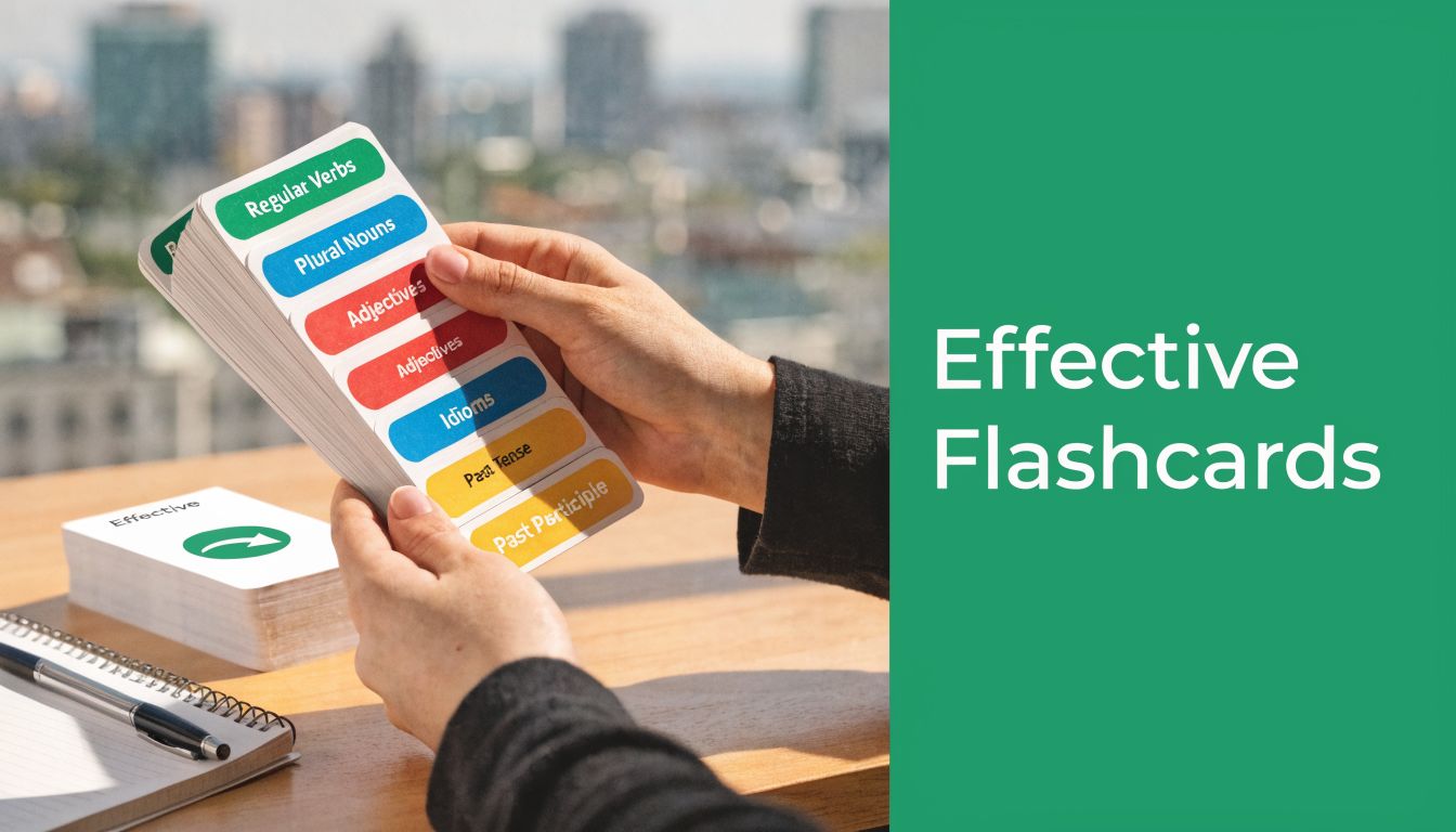 A person holding a deck of colorful educational flashcards for language learning on a wooden desk.