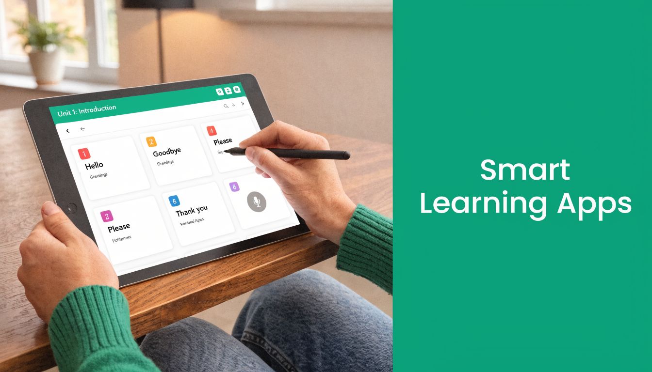 A person uses a stylus on a digital tablet to interact with a language learning application.