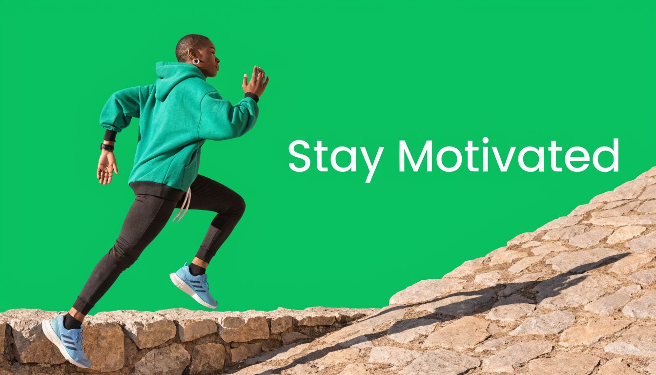 A person wearing a green hoodie running up a stone path against a solid green background.